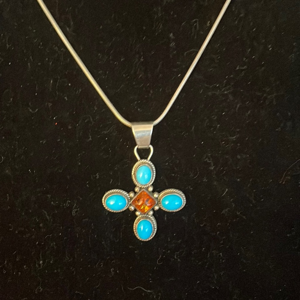 Navaho Turquoise and Amber Pendant with Chain